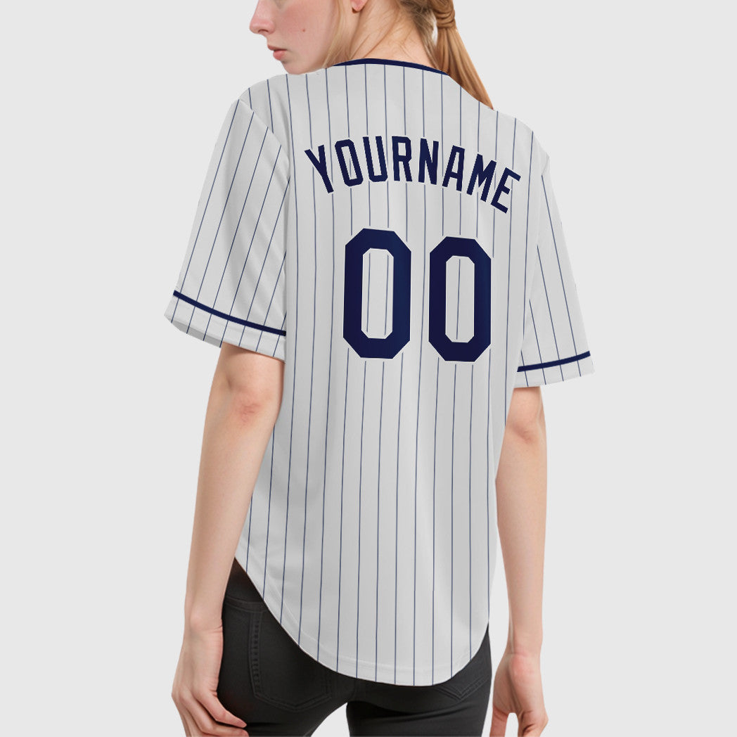 Custom White Navy Pinstripe Baseball Jersey