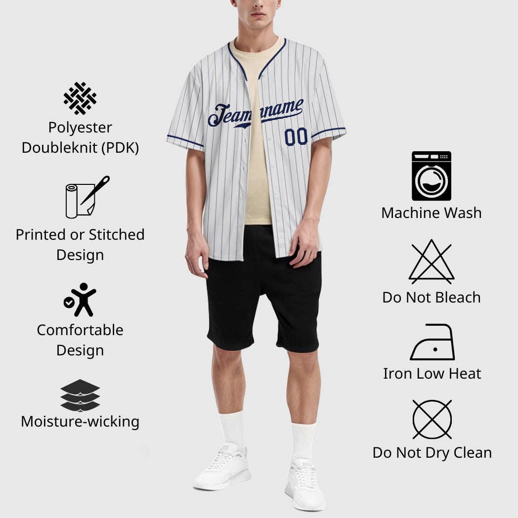 Custom White Navy Pinstripe Baseball Jersey