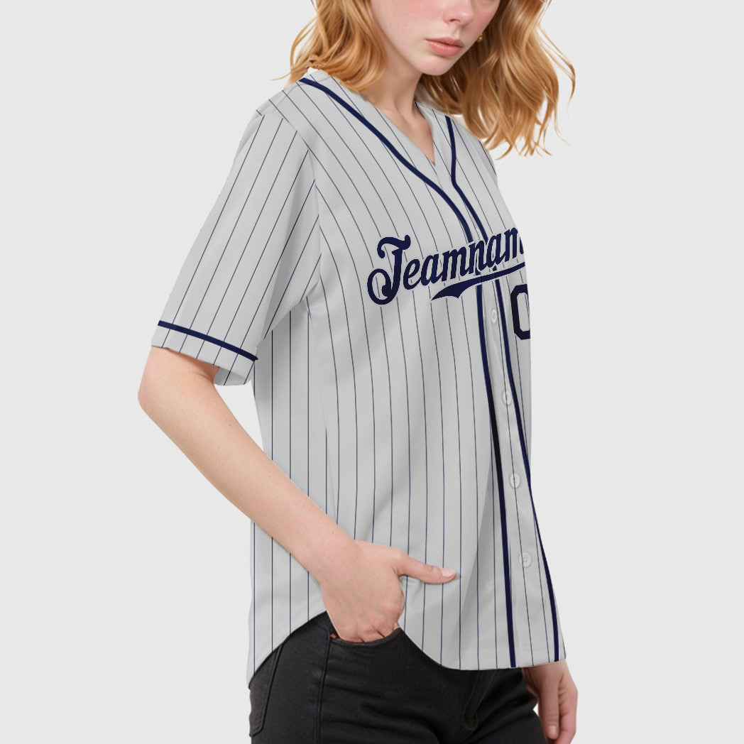 Custom White Navy Piping Pinstripe Baseball Jersey