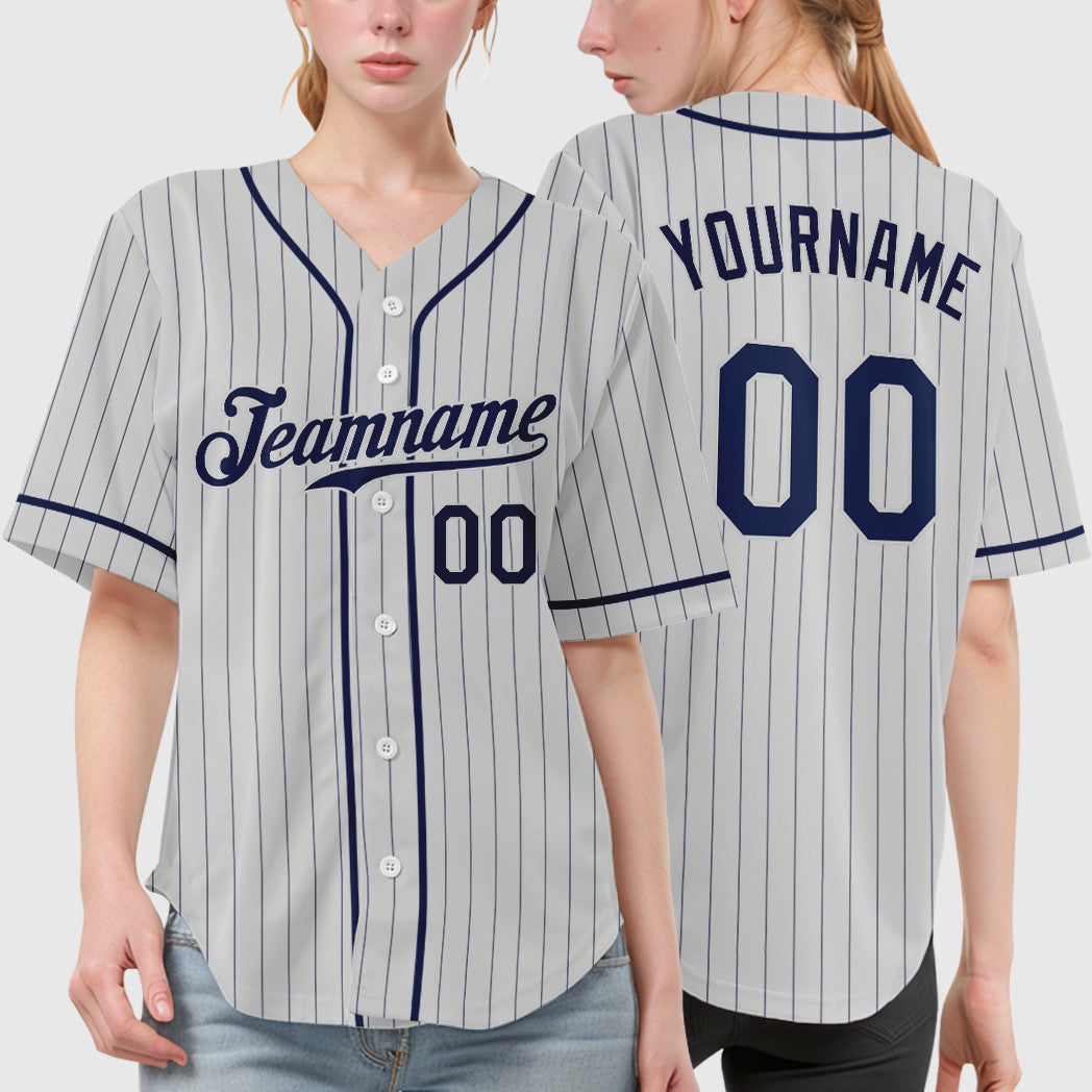 Custom White Navy Piping Pinstripe Baseball Jersey