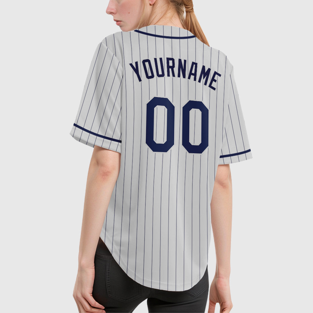 Custom White Navy Piping Pinstripe Baseball Jersey