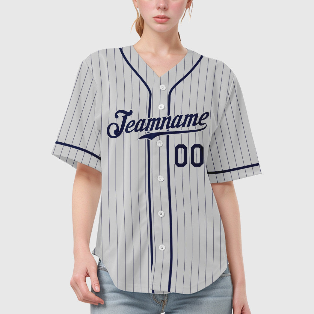 Custom White Navy Piping Pinstripe Baseball Jersey