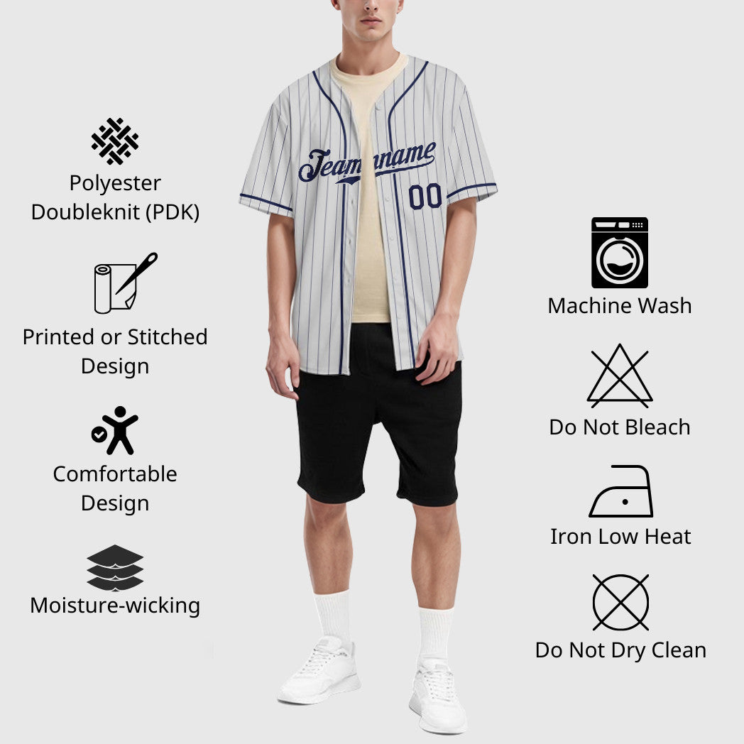 Custom White Navy Piping Pinstripe Baseball Jersey
