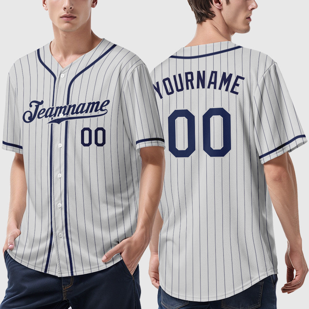 Custom White Navy Piping Pinstripe Baseball Jersey