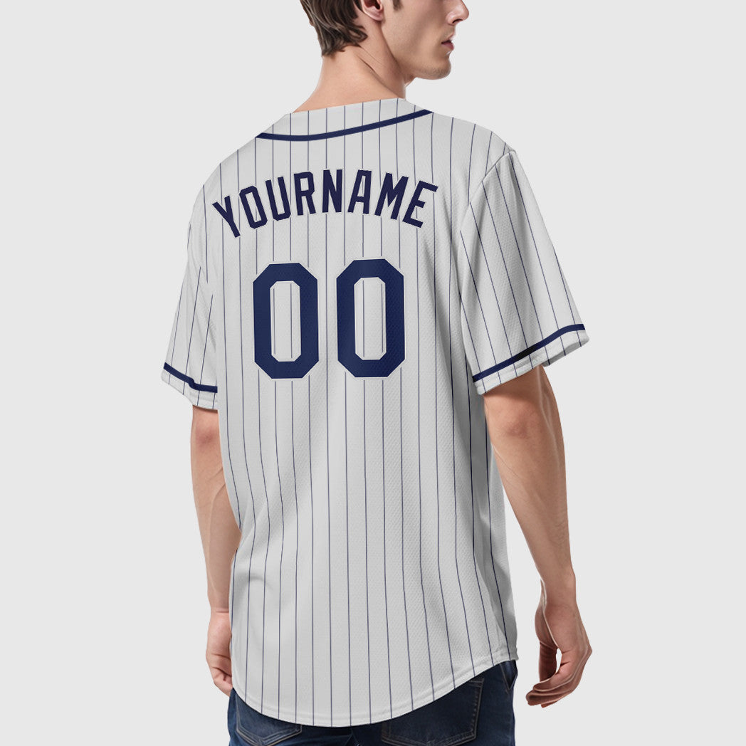 Custom White Navy Piping Pinstripe Baseball Jersey