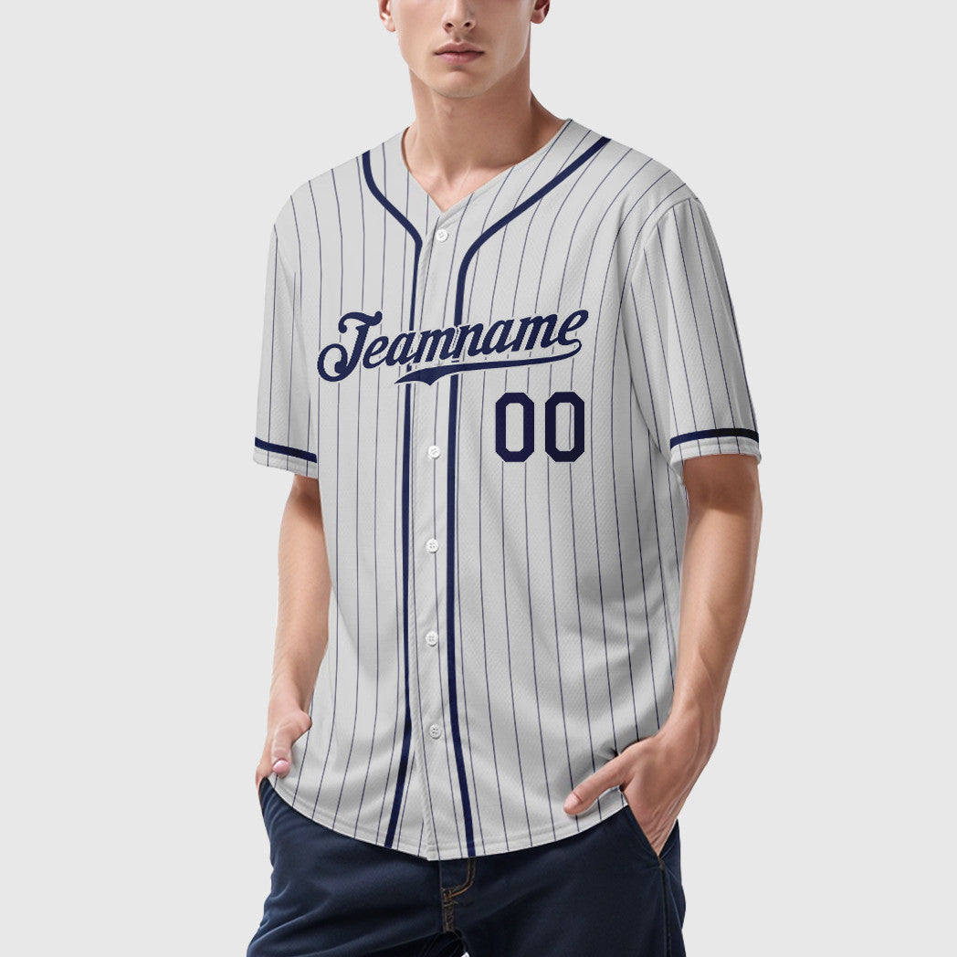 Custom White Navy Piping Pinstripe Baseball Jersey