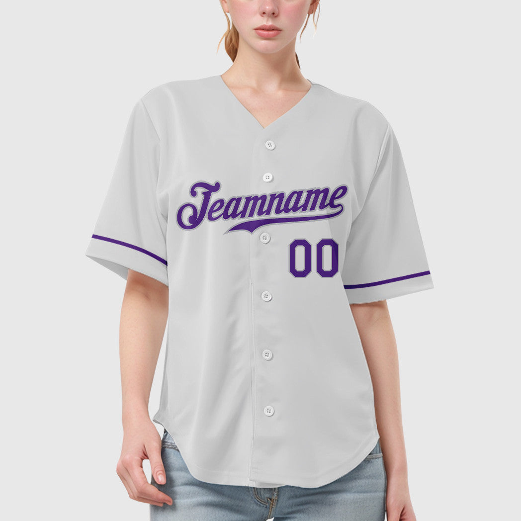 Custom White Purple-Gray Baseball Jersey