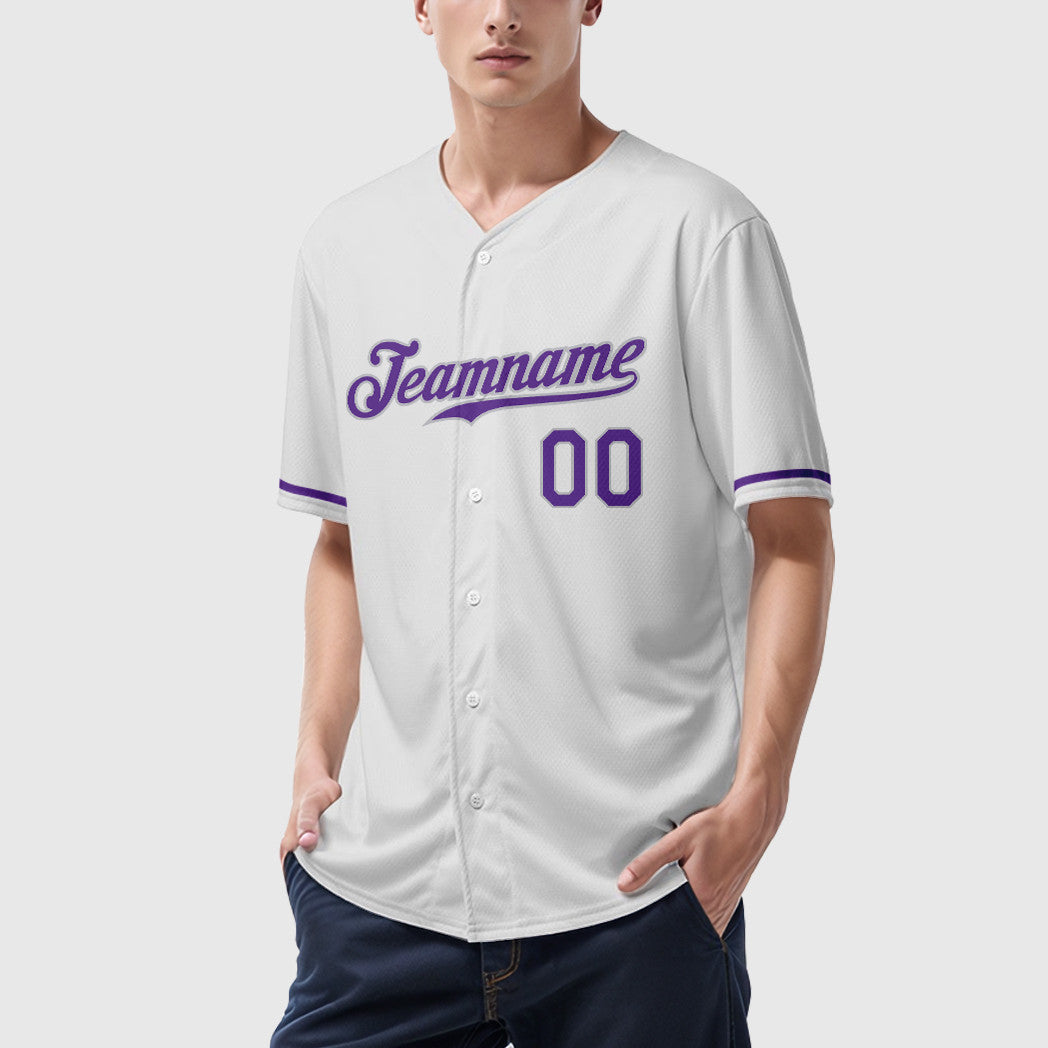 Custom White Purple-Gray Baseball Jersey
