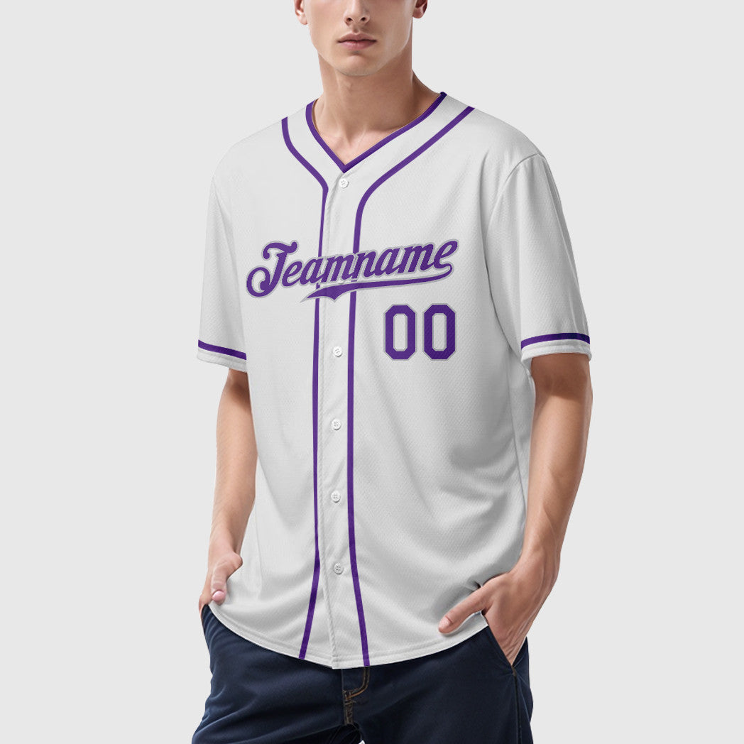 Custom White Purple-Gray Piping Baseball Jersey