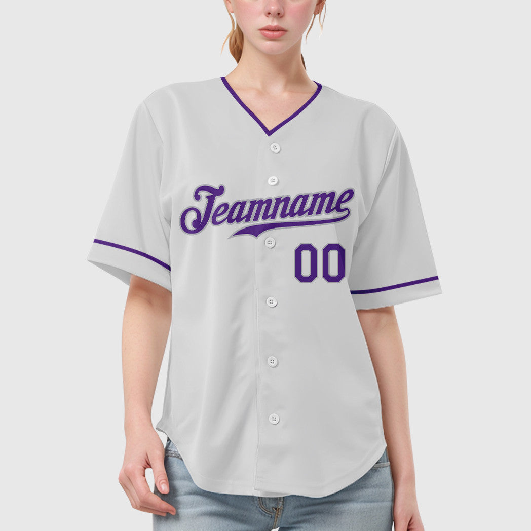Custom White Purple-Gray Collar Sleeve Baseball Jersey