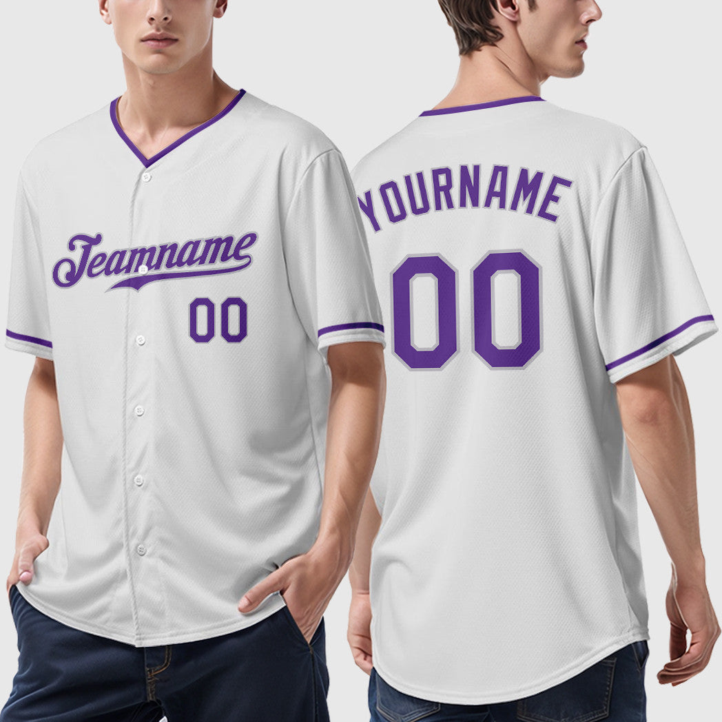 Custom White Purple-Gray Collar Sleeve Baseball Jersey