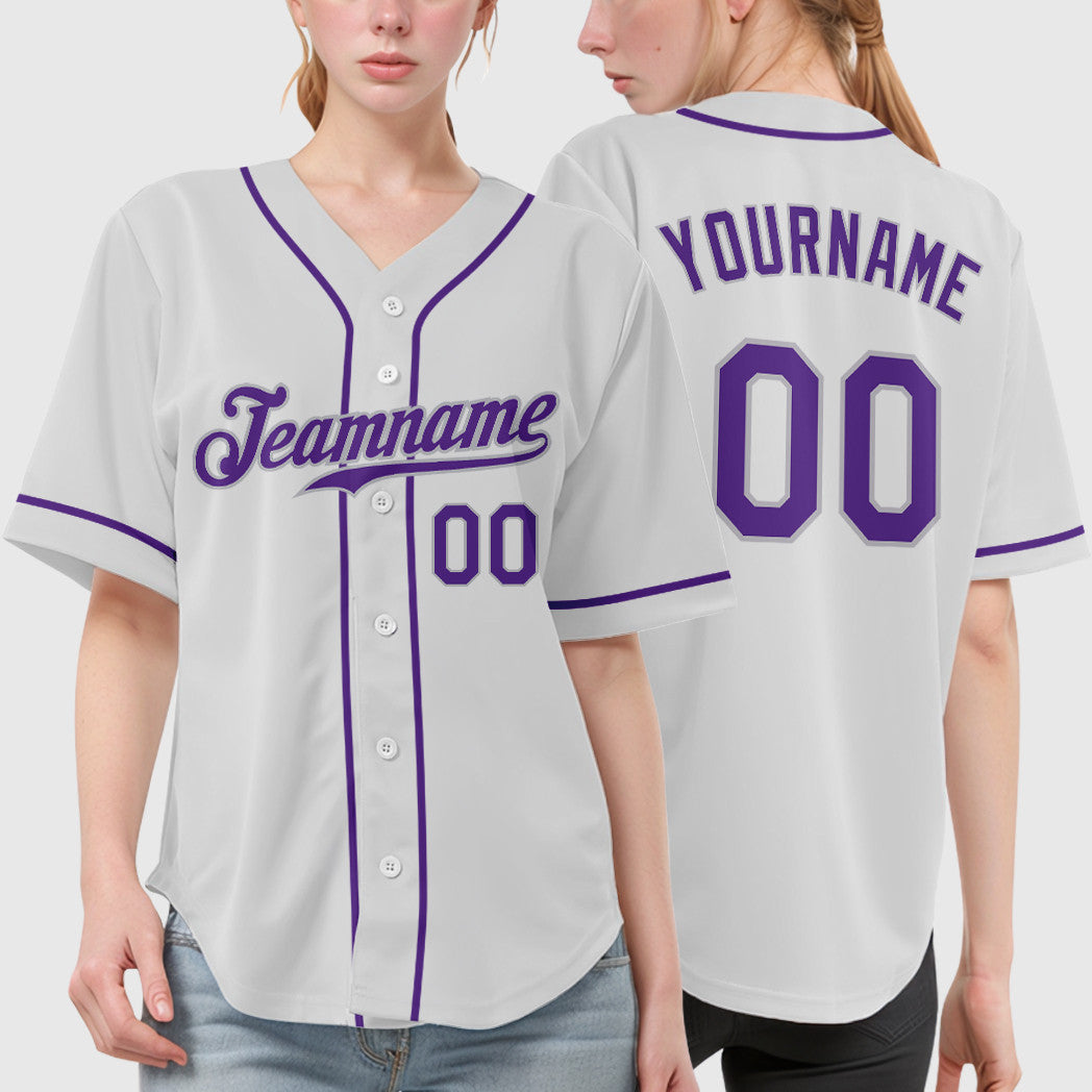Custom White Purple-Gray Sleeve Baseball Jersey