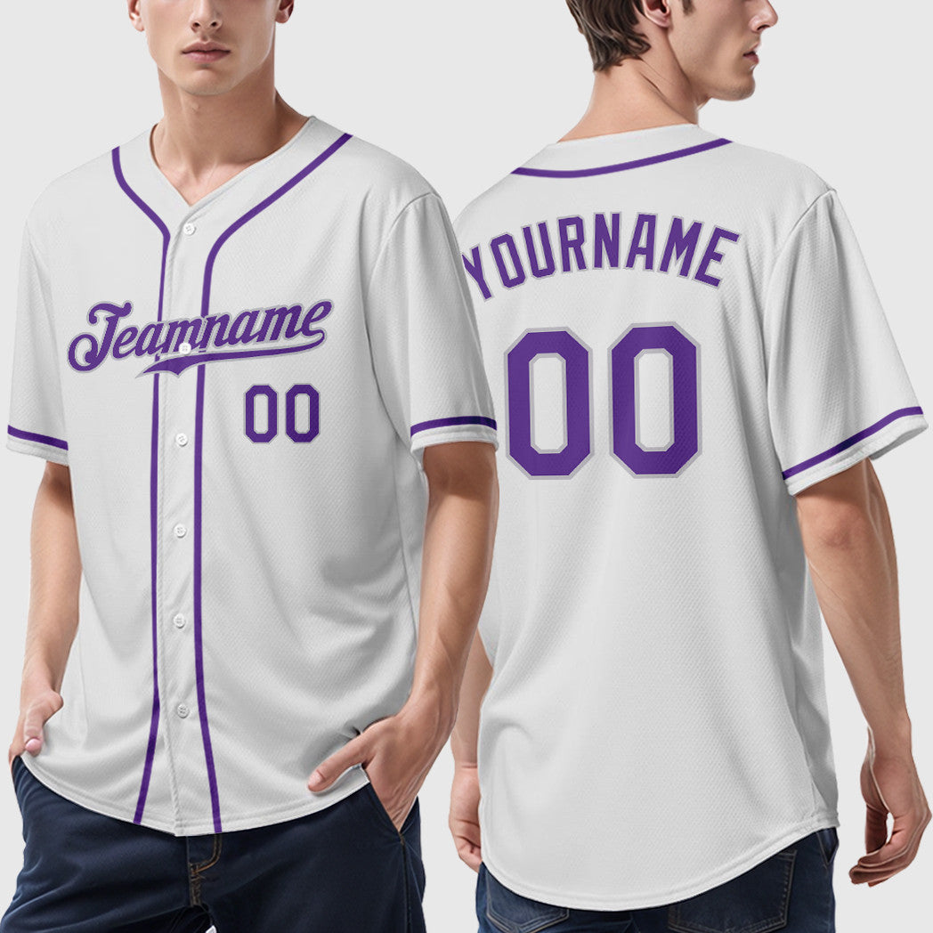 Custom White Purple-Gray Sleeve Baseball Jersey