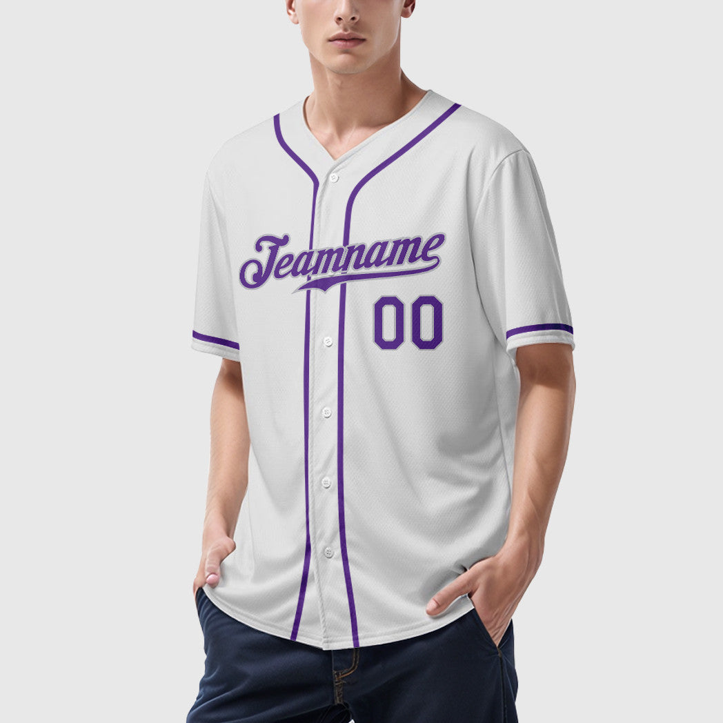 Custom White Purple-Gray Sleeve Baseball Jersey