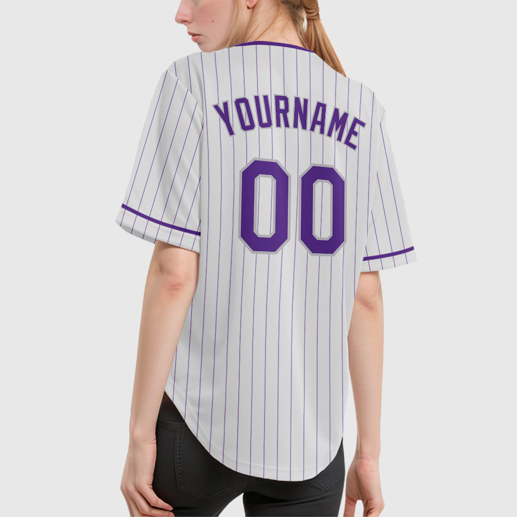 Custom White Purple-Gray Pinstripe Baseball Jersey