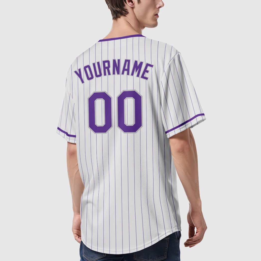 Custom White Purple-Gray Pinstripe Baseball Jersey