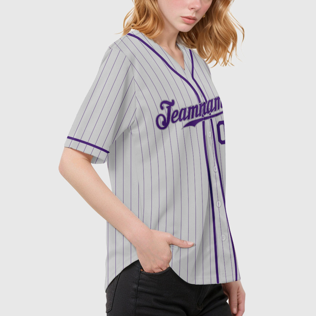Custom White Purple-Gray Piping Pinstripe Baseball Jersey