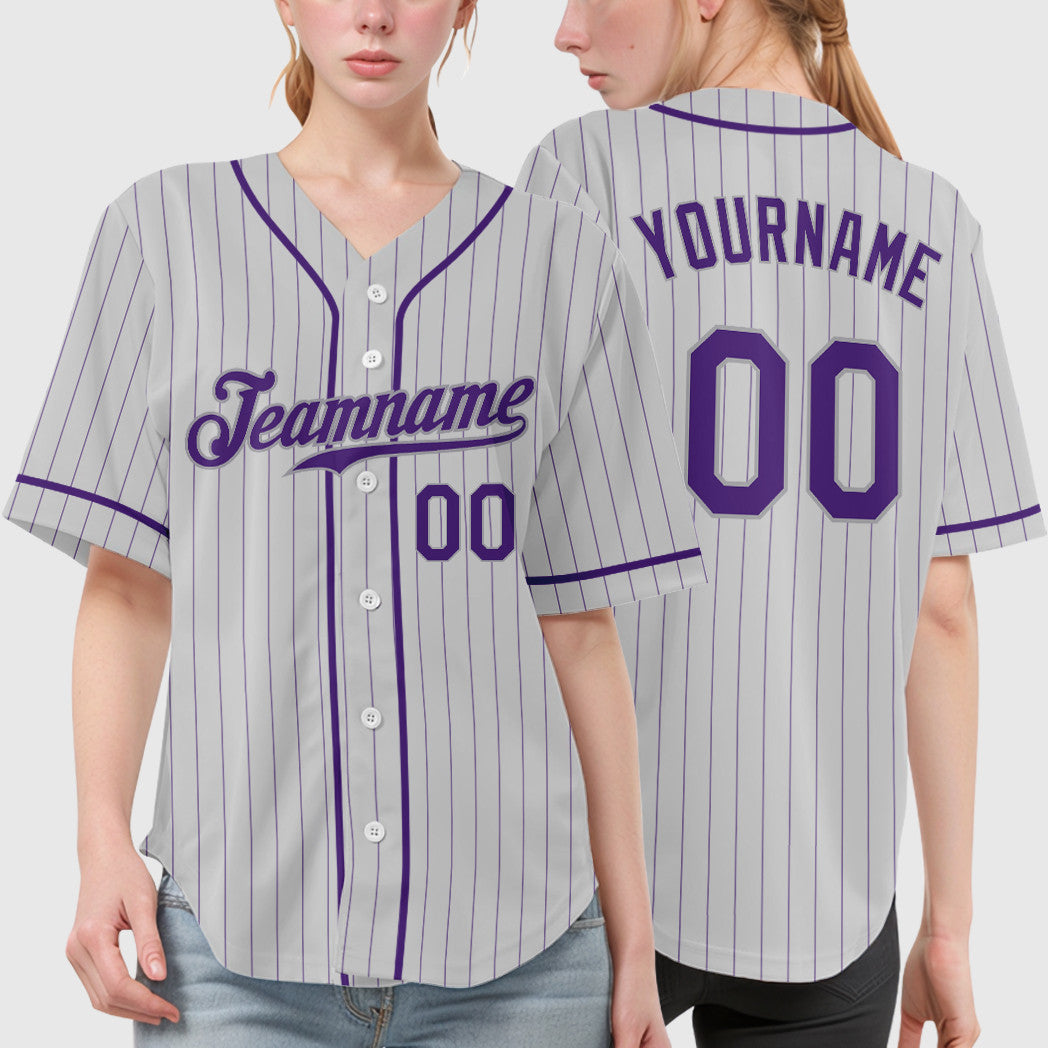 Custom White Purple-Gray Piping Pinstripe Baseball Jersey
