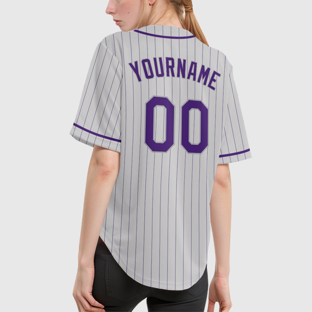 Custom White Purple-Gray Piping Pinstripe Baseball Jersey