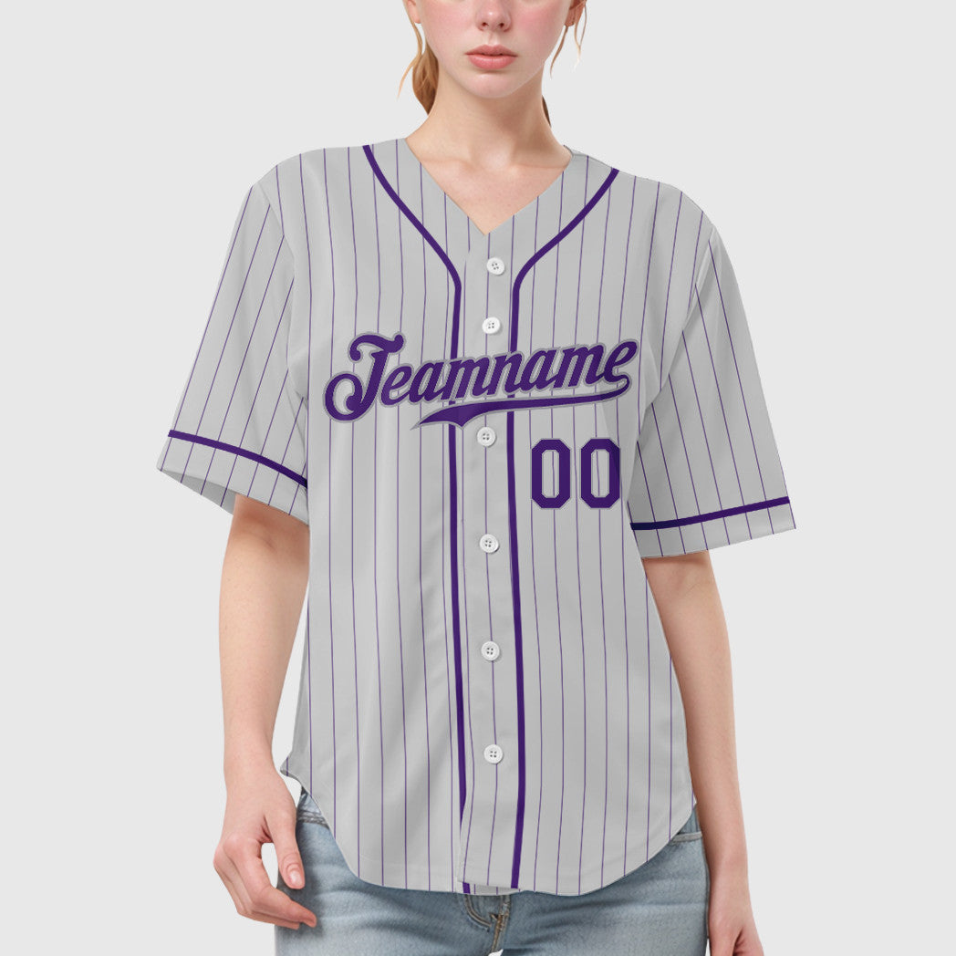 Custom White Purple-Gray Piping Pinstripe Baseball Jersey