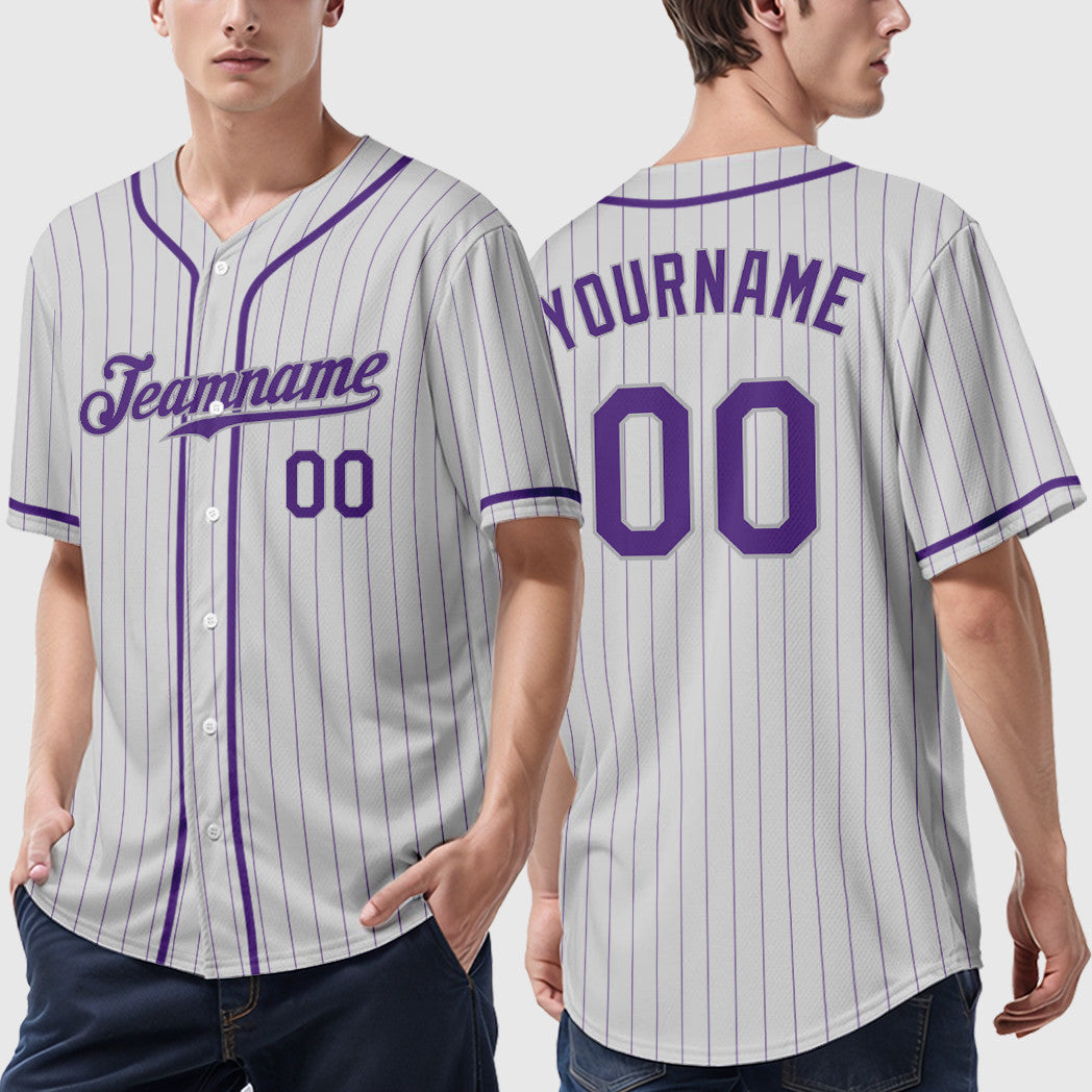 Custom White Purple-Gray Piping Pinstripe Baseball Jersey