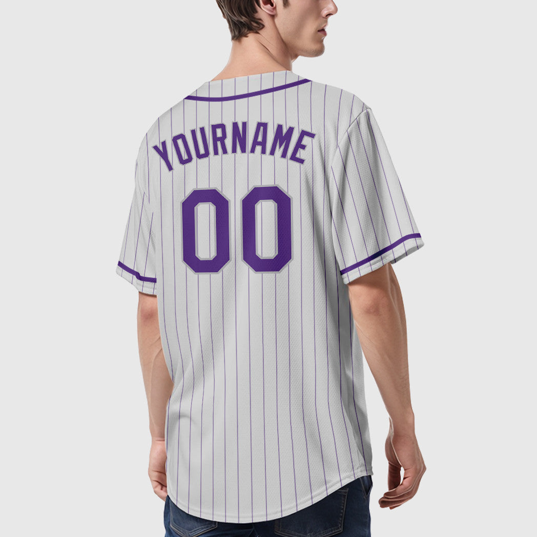 Custom White Purple-Gray Piping Pinstripe Baseball Jersey