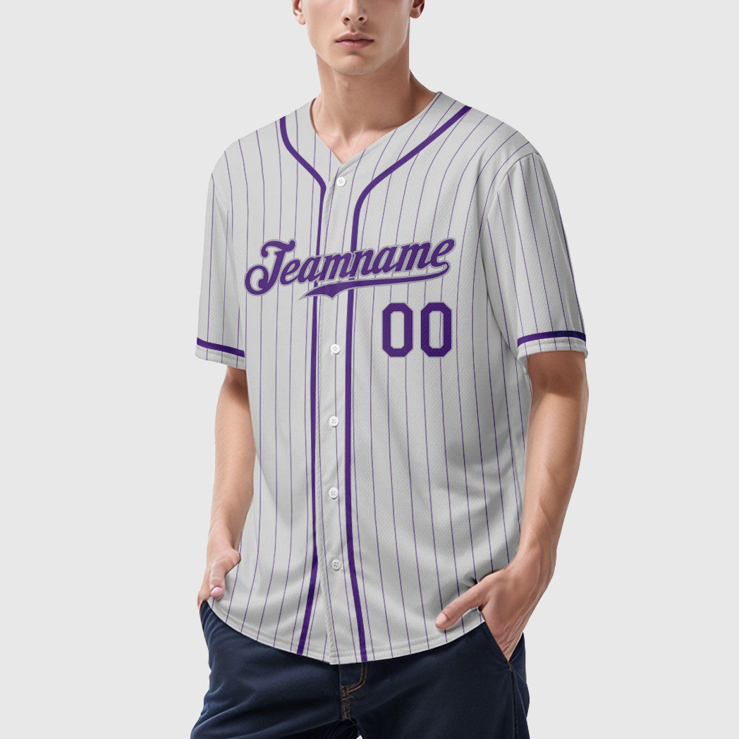Custom White Purple-Gray Piping Pinstripe Baseball Jersey