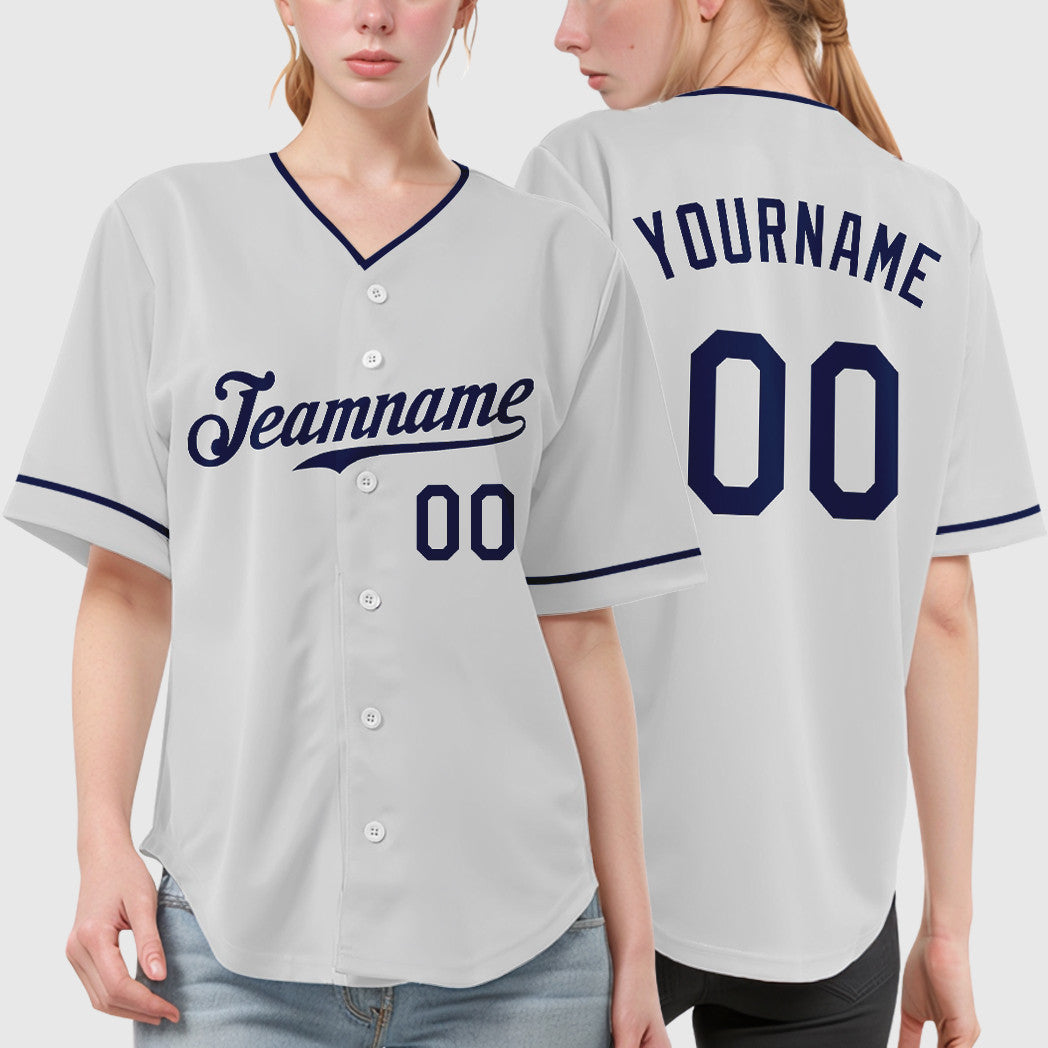 Custom White Navy Collar Sleeve Baseball Jersey