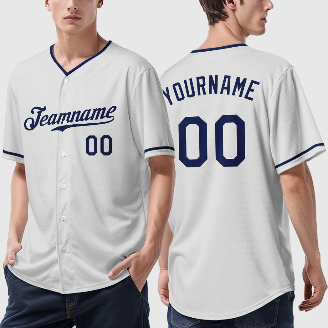 Custom White Navy Collar Sleeve Baseball Jersey