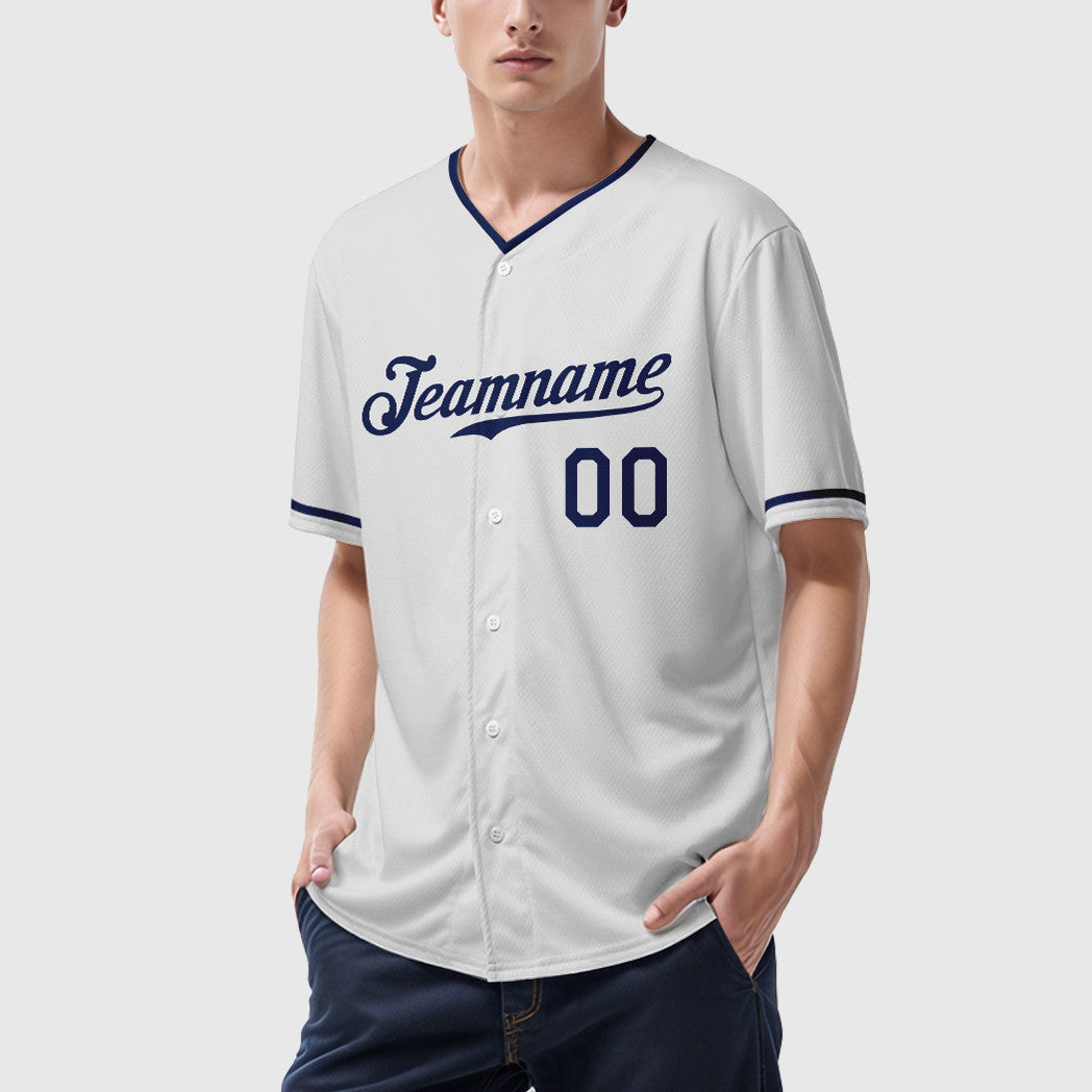 Custom White Navy Collar Sleeve Baseball Jersey
