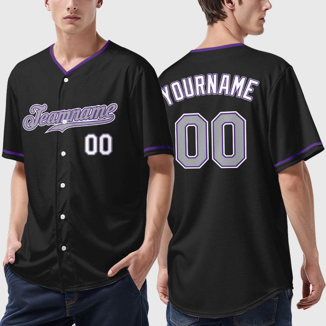 Custom Black Gray-Purple Collar Sleeve Baseball Jersey