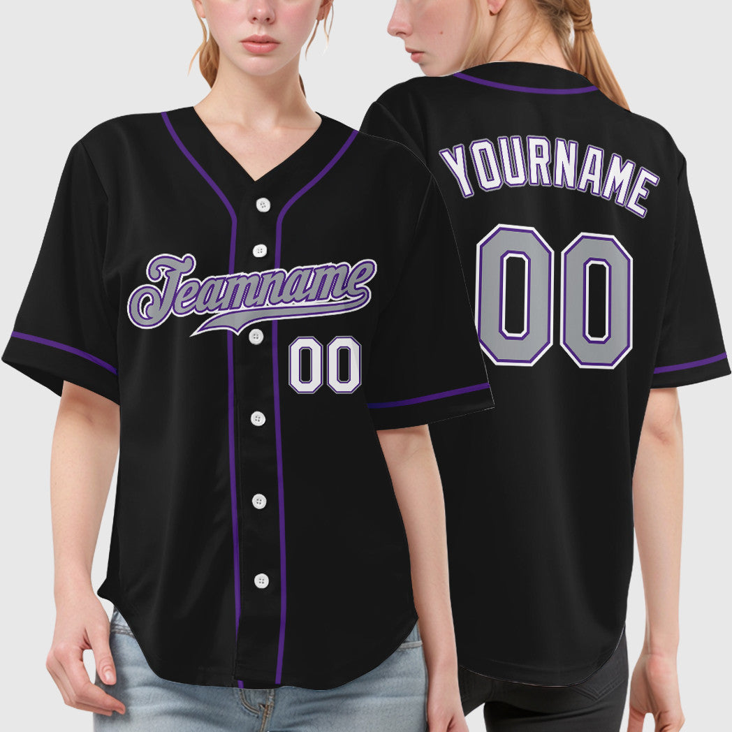 Custom Black Gray-Purple Sleeve Baseball Jersey