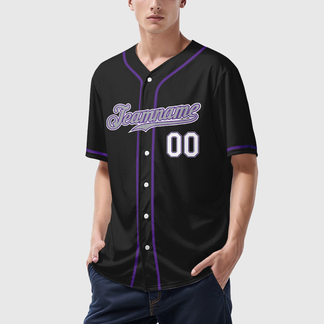 Custom Black Gray-Purple Sleeve Baseball Jersey