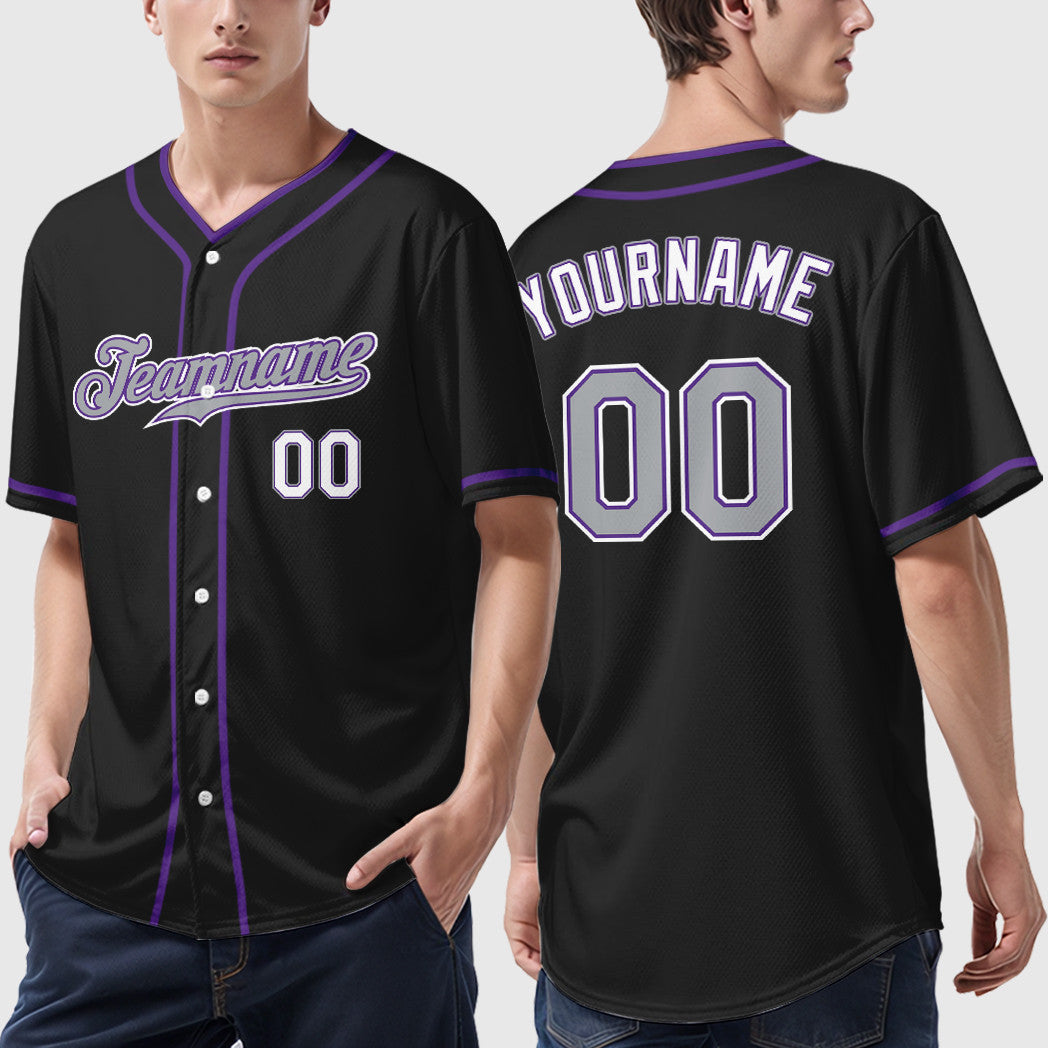 Custom Black Gray-Purple Piping Baseball Jersey