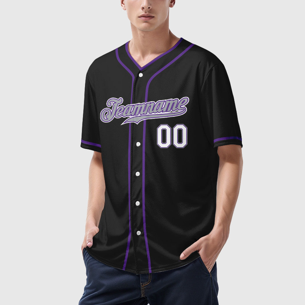 Custom Black Gray-Purple Piping Baseball Jersey