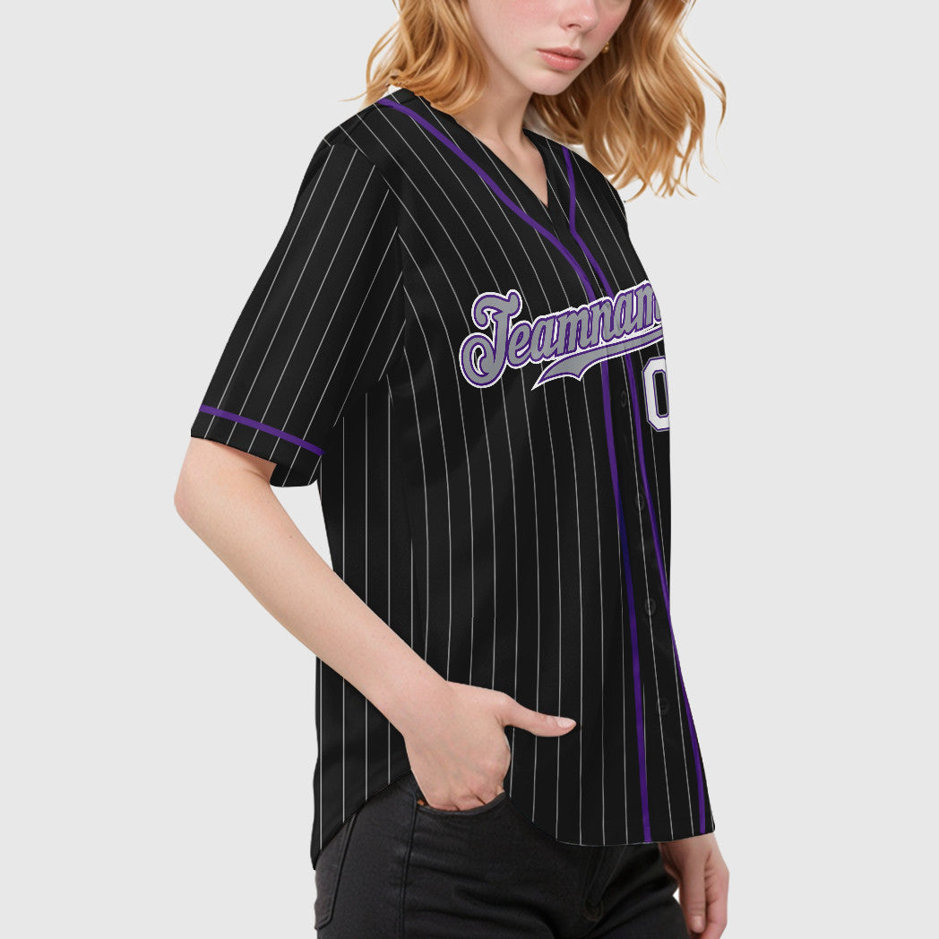 Custom Black Gray-Purple Piping Pinstripe Baseball Jersey