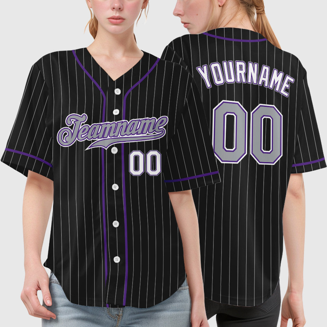 Custom Black Gray-Purple Piping Pinstripe Baseball Jersey