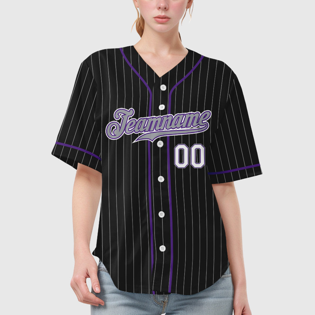 Custom Black Gray-Purple Piping Pinstripe Baseball Jersey