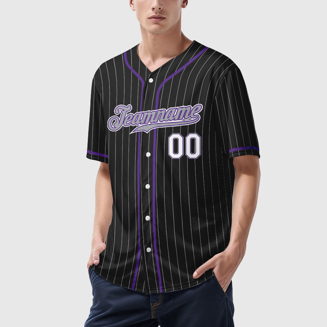 Custom Black Gray-Purple Piping Pinstripe Baseball Jersey