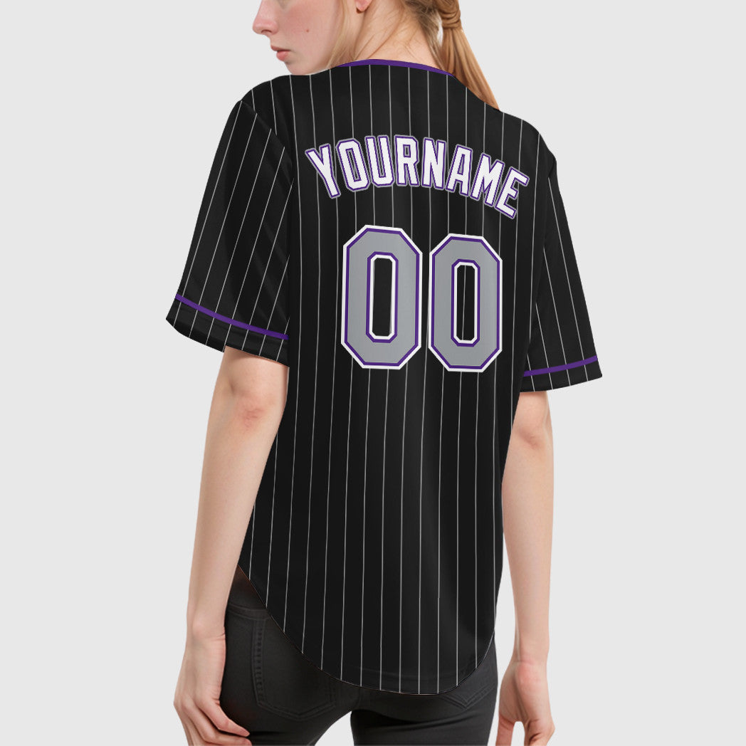Custom Black Gray-Purple Pinstripe Baseball Jersey