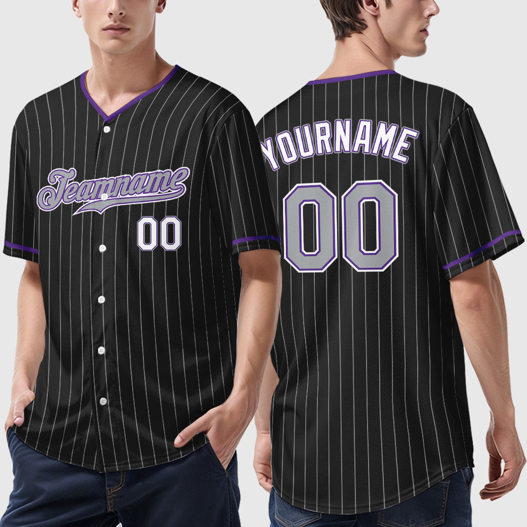 Custom Black Gray-Purple Pinstripe Baseball Jersey