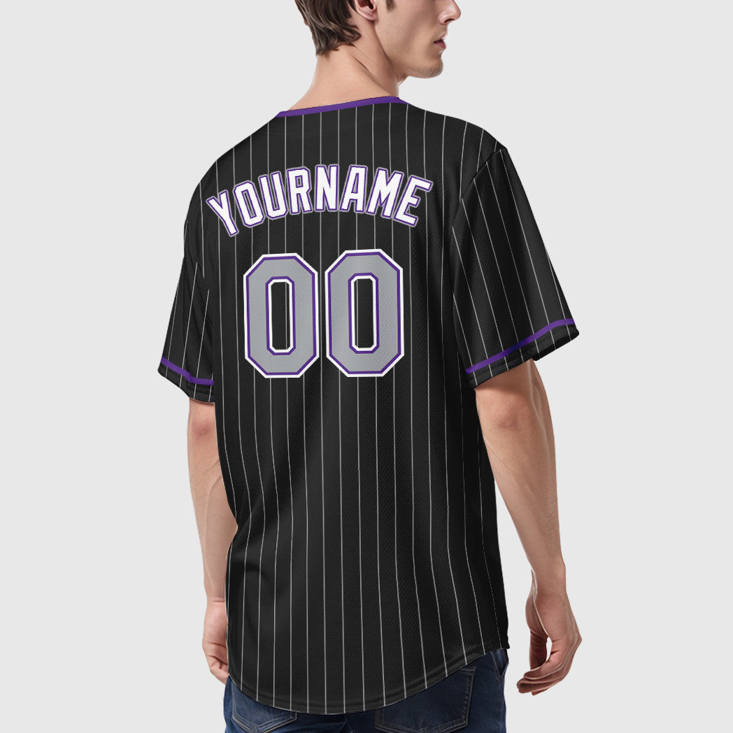 Custom Black Gray-Purple Pinstripe Baseball Jersey