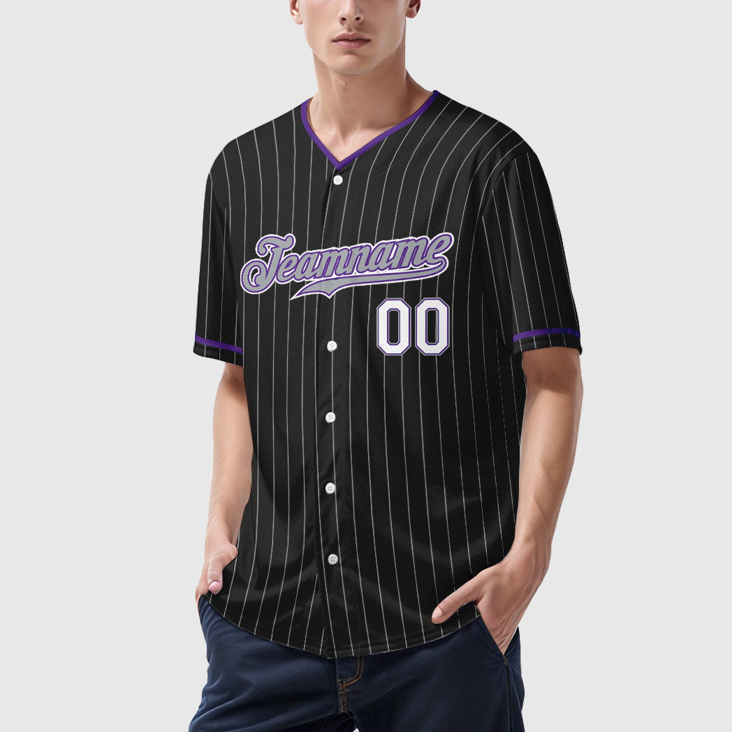 Custom Black Gray-Purple Pinstripe Baseball Jersey