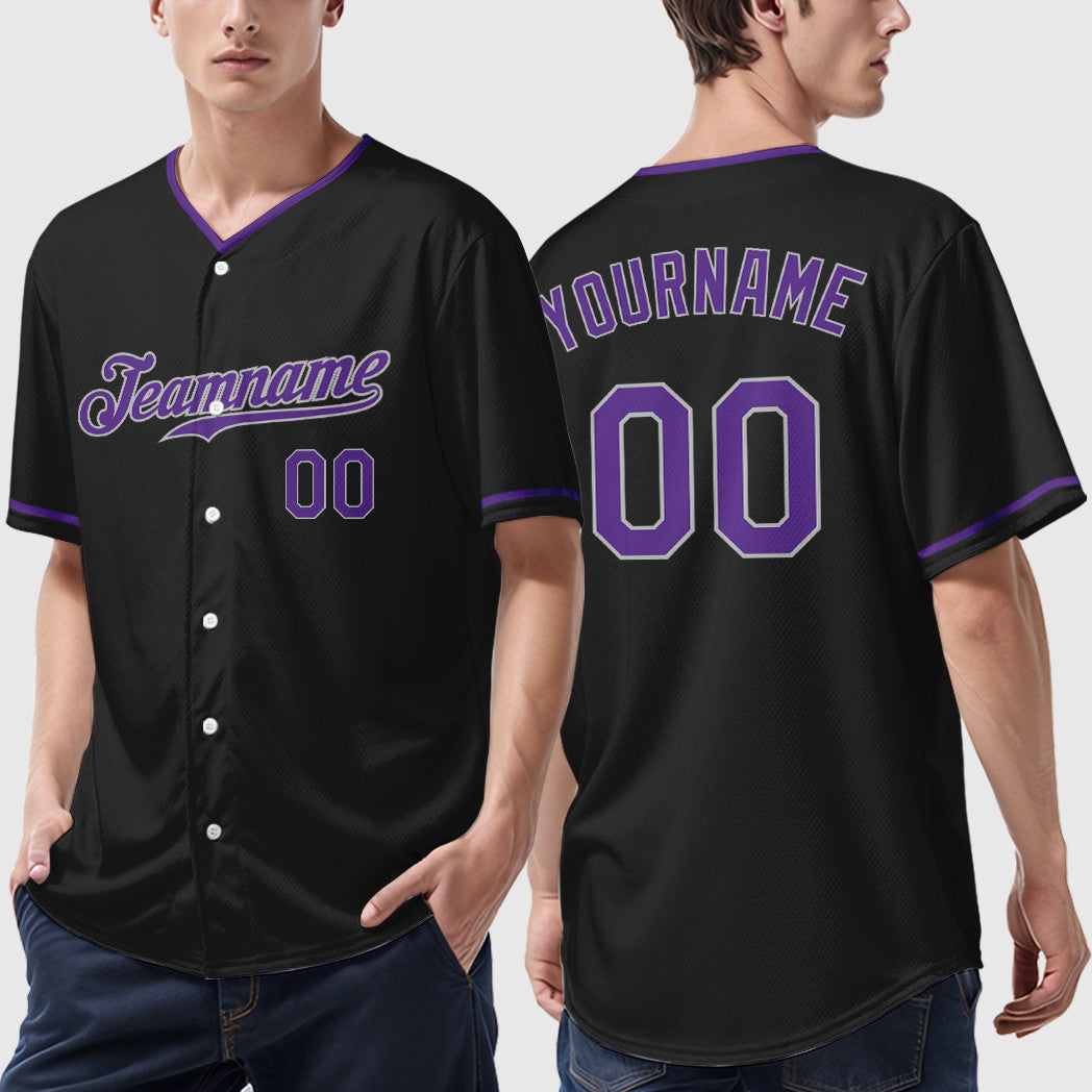 Custom Black Gray Purple Collar Sleeve Baseball Jersey