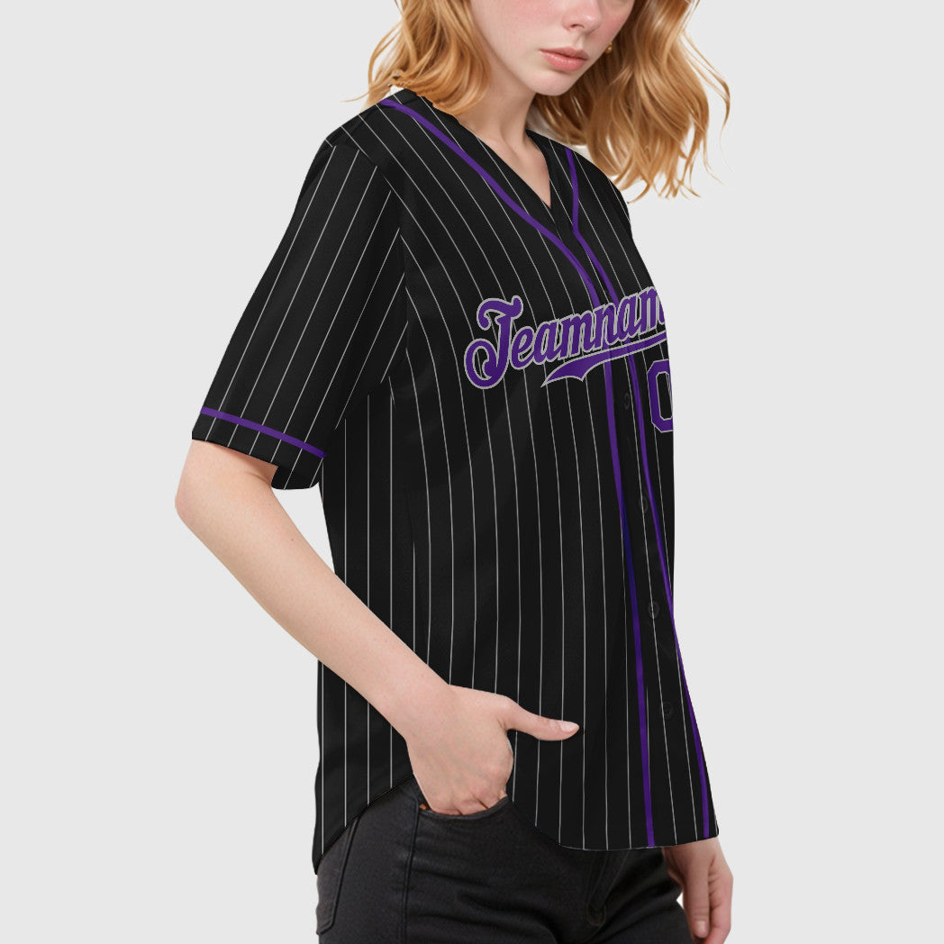 Custom Black Gray Purple Piping Pinstripe Baseball Jersey