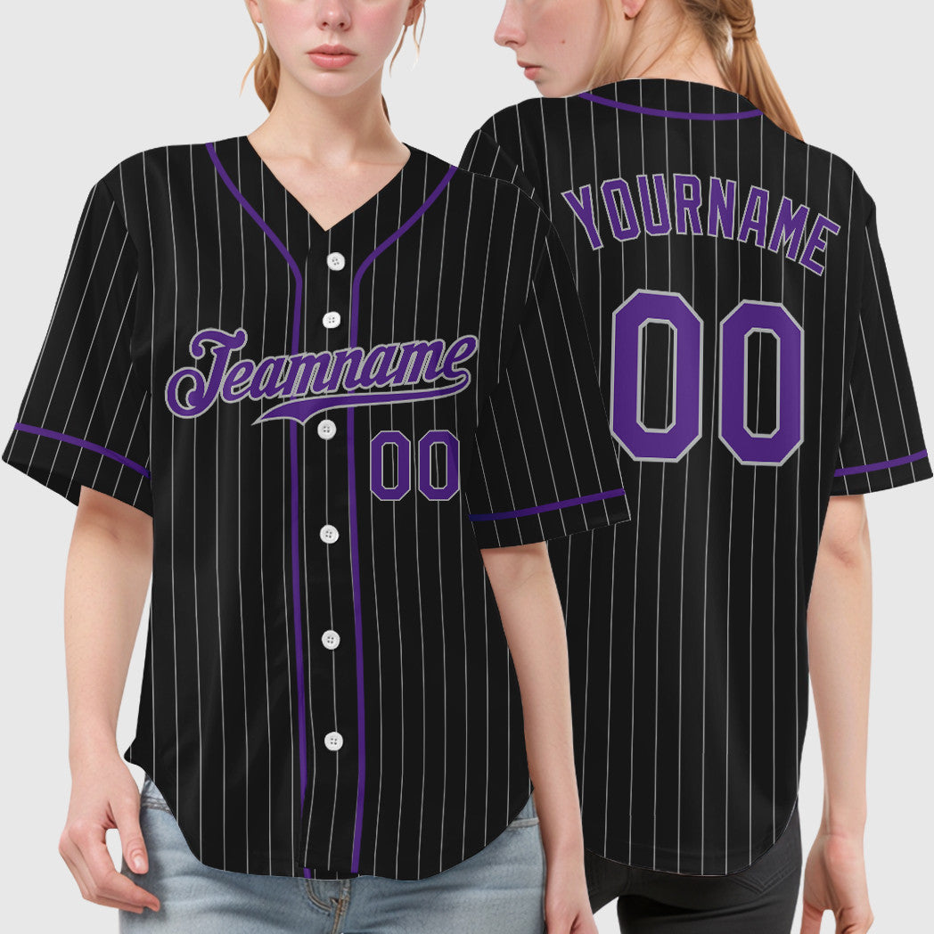 Custom Black Gray Purple Piping Pinstripe Baseball Jersey