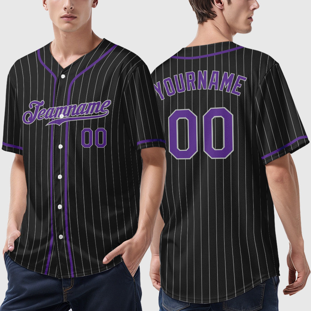 Custom Black Gray Purple Piping Pinstripe Baseball Jersey