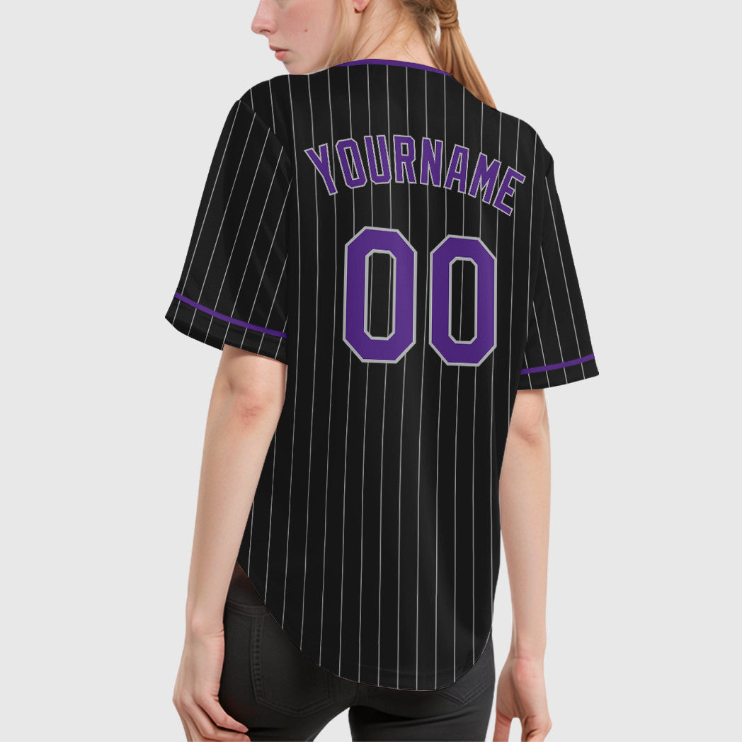 Custom Black Gray Purple Pinstripe Baseball Jersey