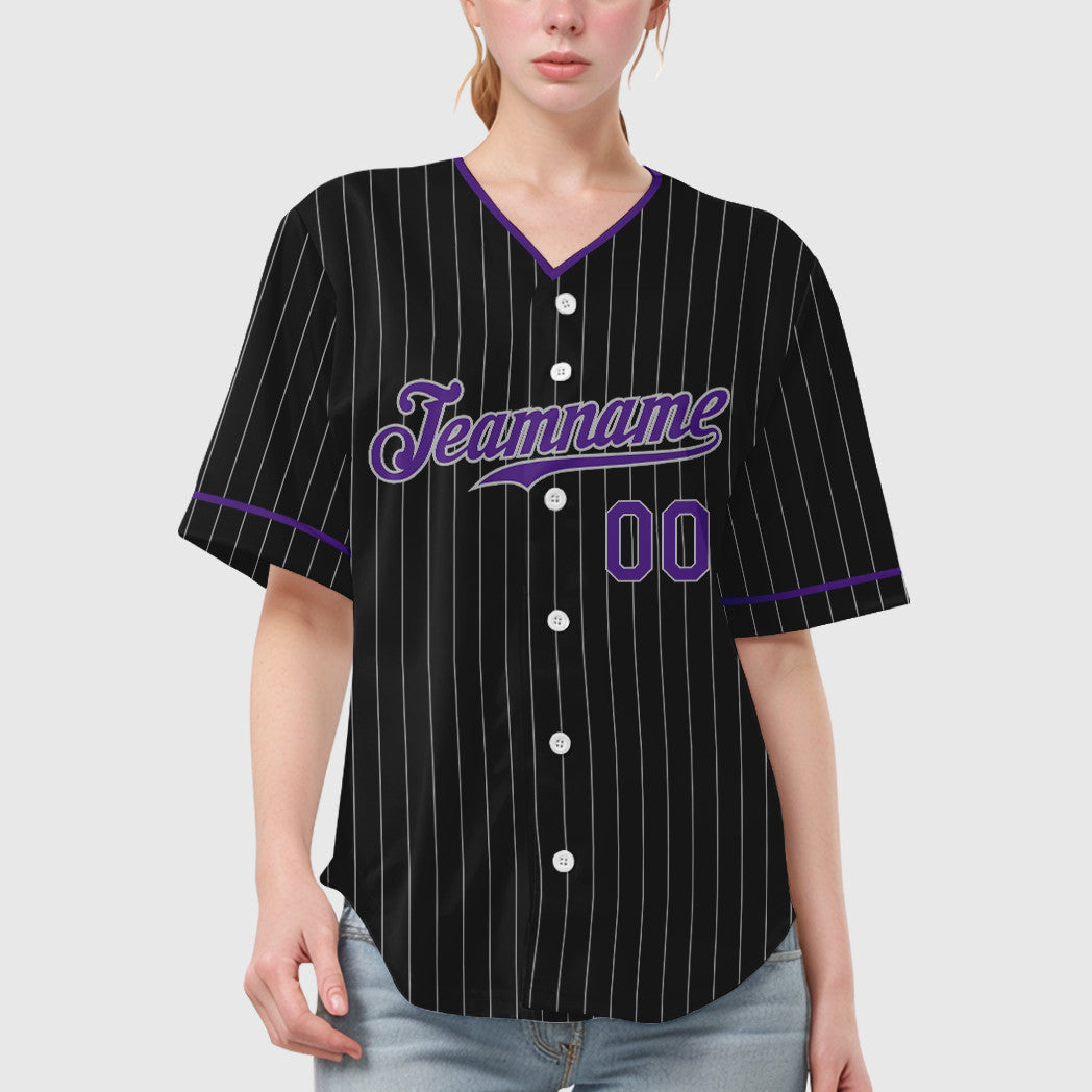 Custom Black Gray Purple Pinstripe Baseball Jersey