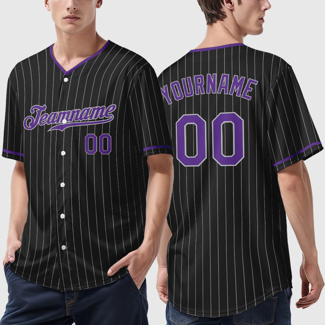 Custom Black Gray Purple Pinstripe Baseball Jersey